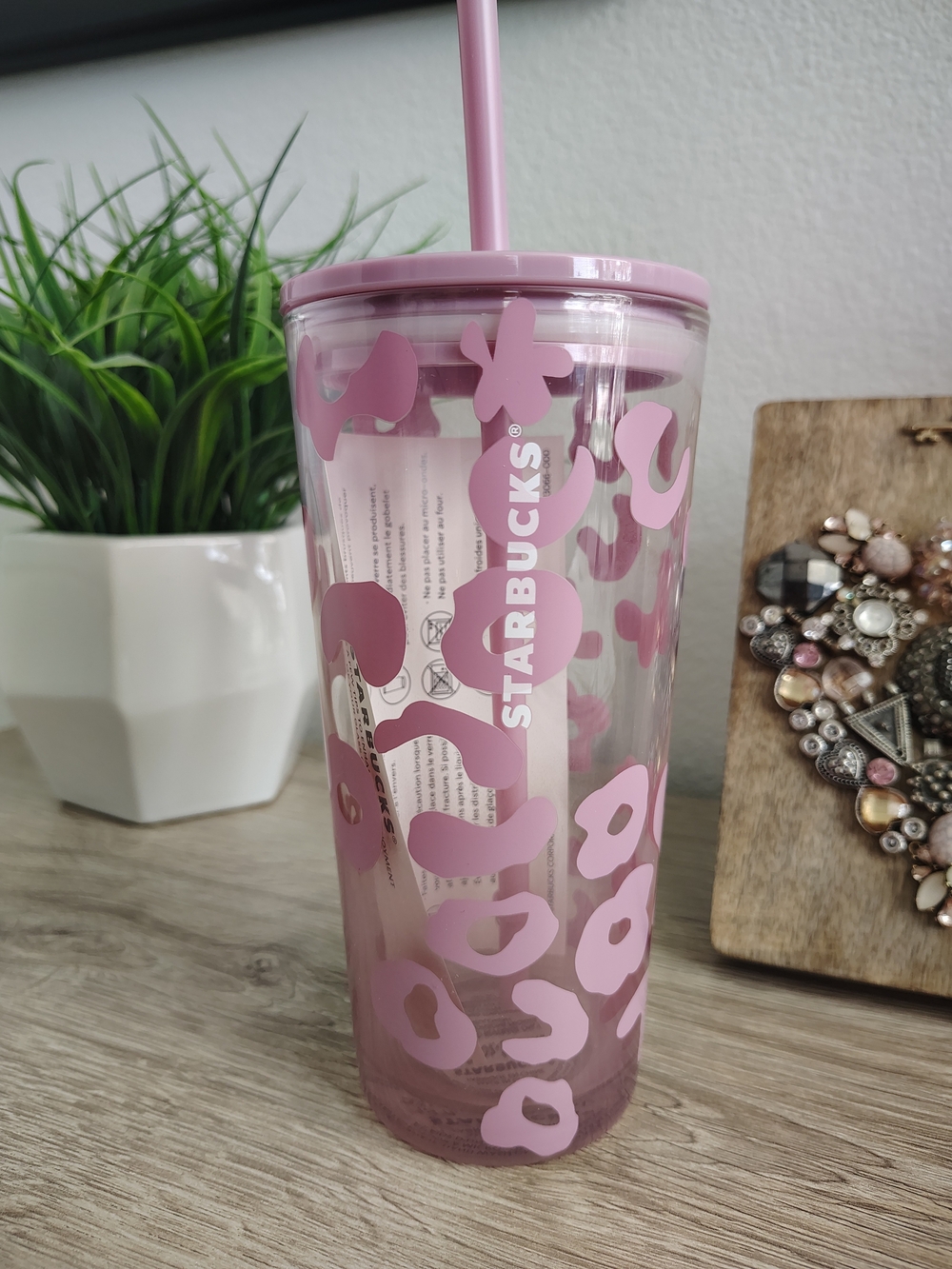 Starbucks Pink Cheetah Print Glass Reusable Tumbler with Straw